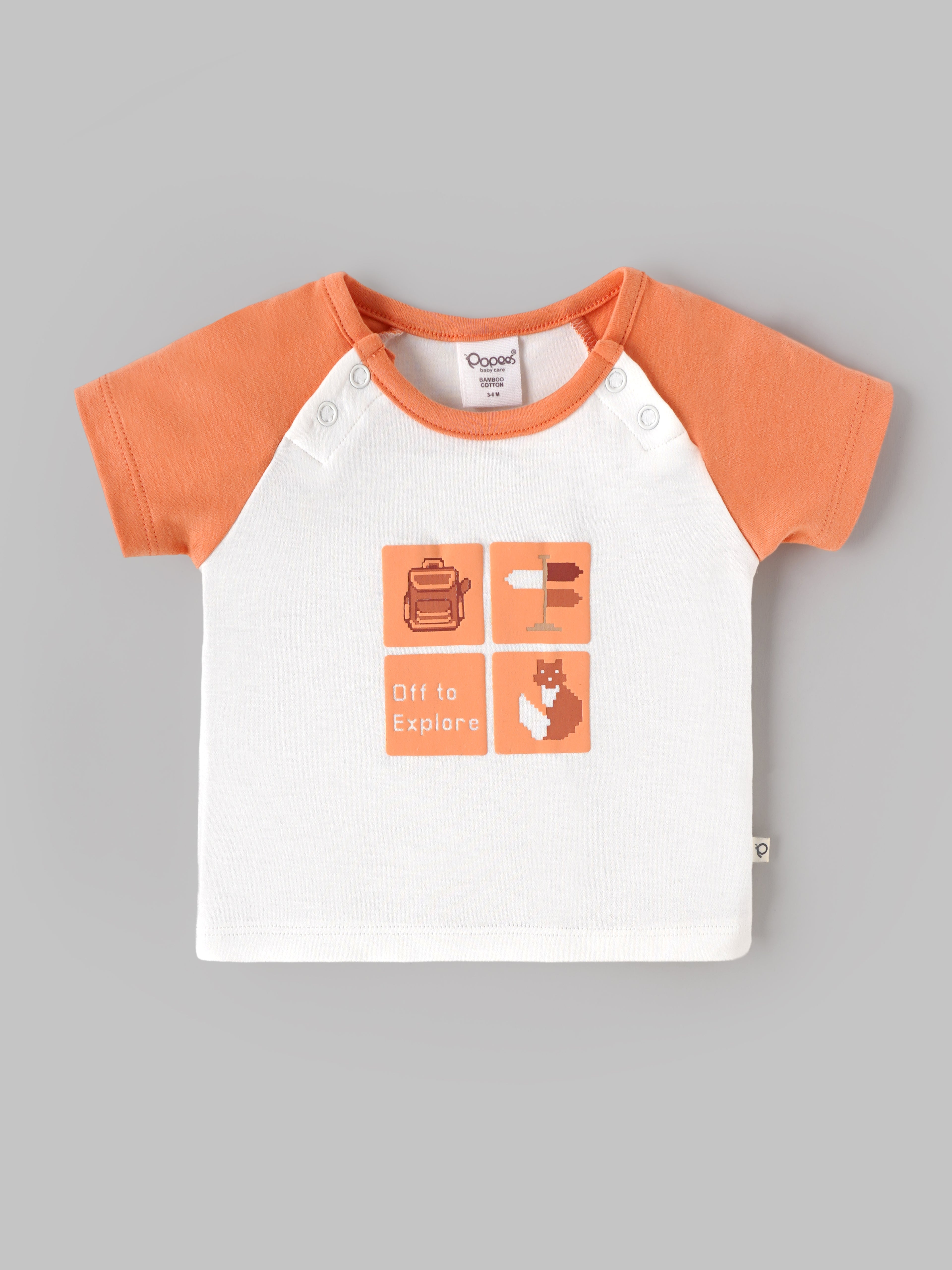Popees Baby Boys Organic Bamboo Cotton T-Shirt & Shorts Set | Off to Explore Printed Raglan Sleeve Co-Ord Outfit | White & Orange | 0–9 Months