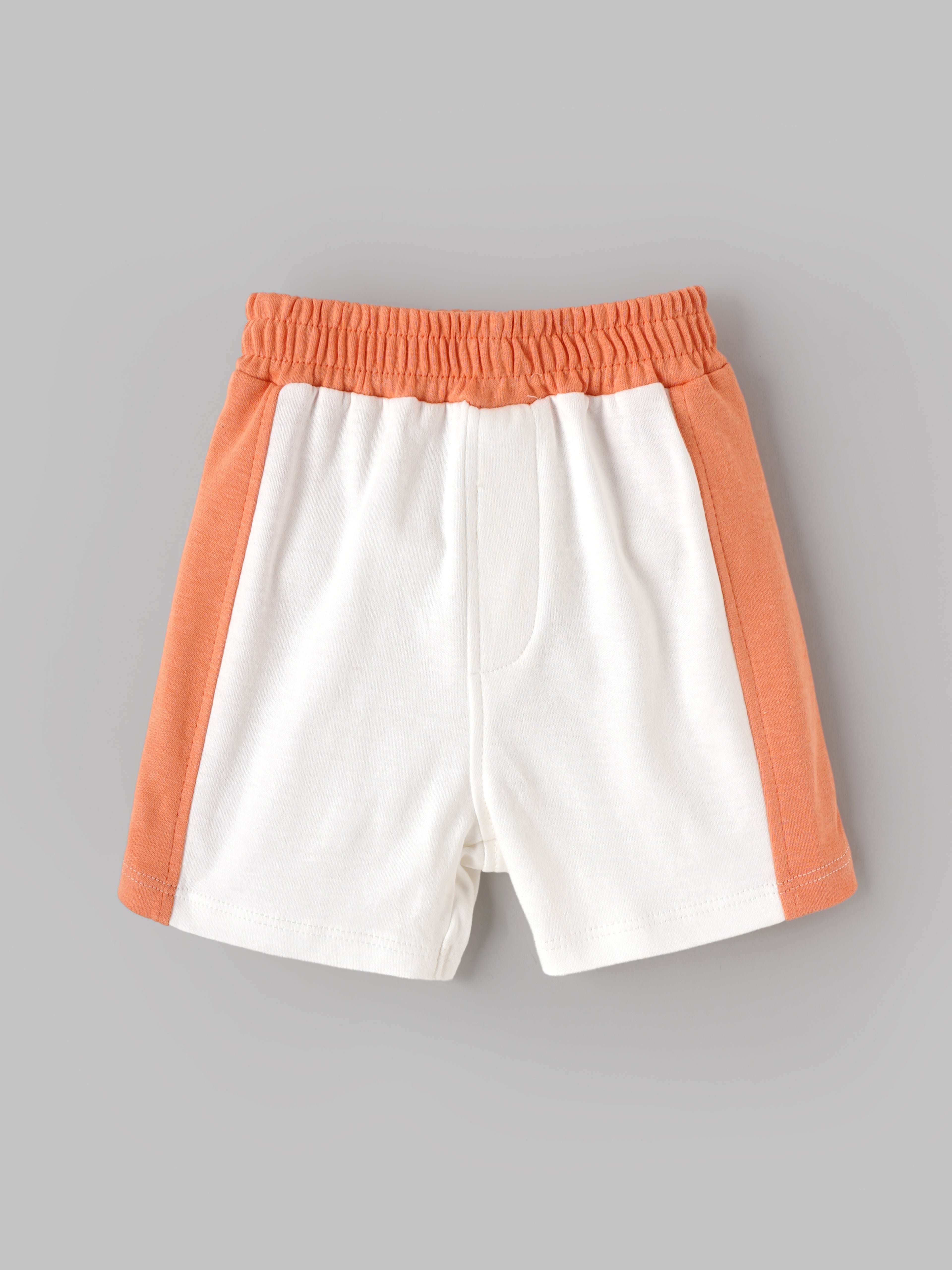 Popees Baby Boys Organic Bamboo Cotton T-Shirt & Shorts Set | Off to Explore Printed Raglan Sleeve Co-Ord Outfit | White & Orange | 0–9 Months
