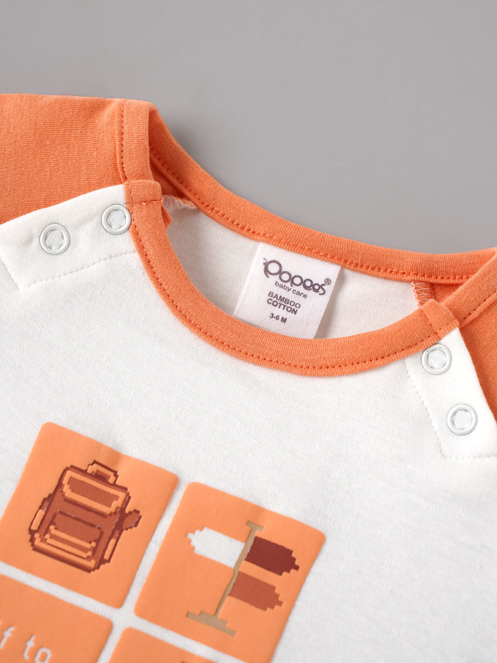 Popees Baby Boys Organic Bamboo Cotton T-Shirt & Shorts Set | Off to Explore Printed Raglan Sleeve Co-Ord Outfit | White & Orange | 0–9 Months