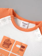 Popees Baby Boys Organic Bamboo Cotton T-Shirt & Shorts Set | Off to Explore Printed Raglan Sleeve Co-Ord Outfit | White & Orange | 0–9 Months