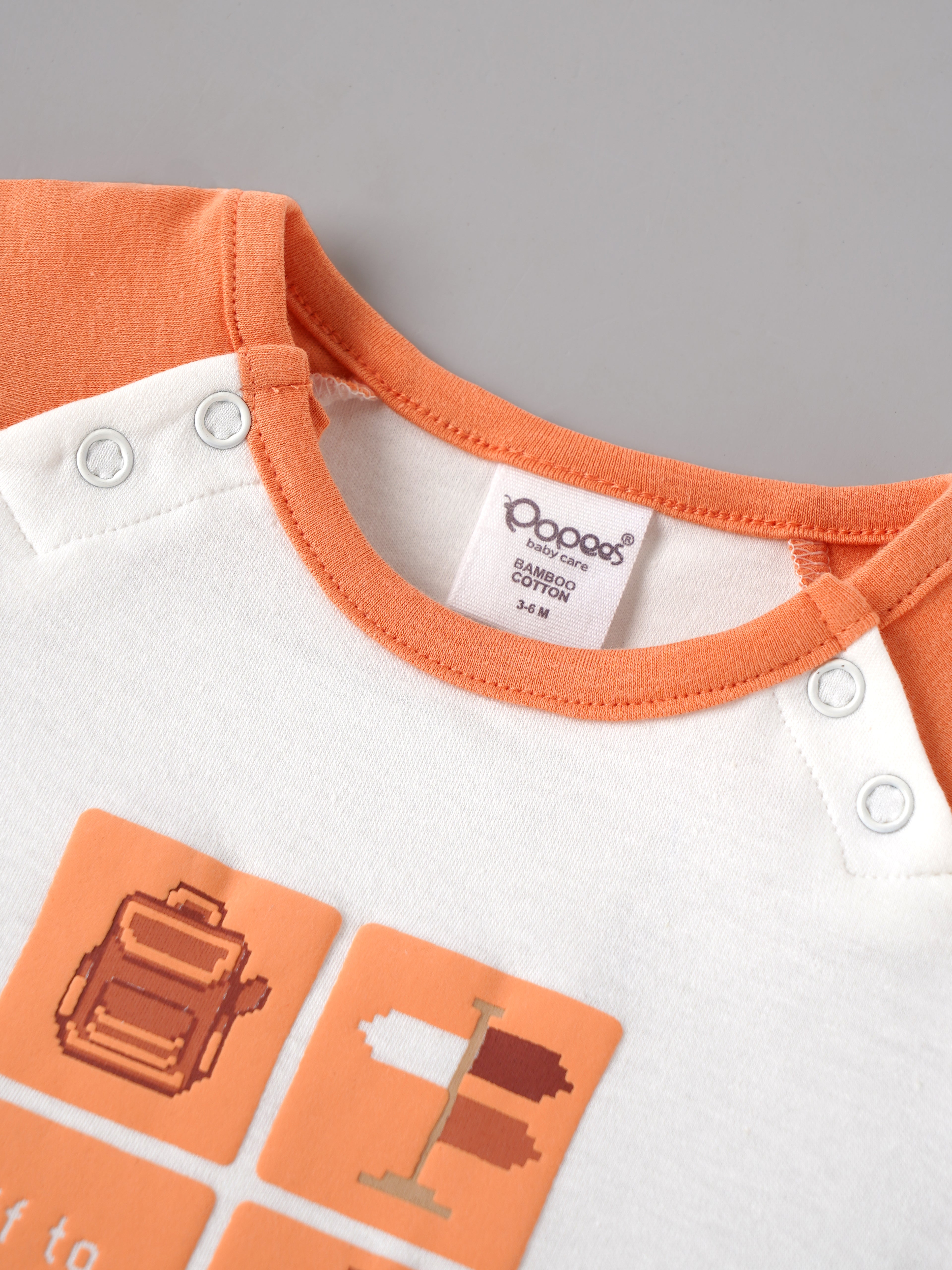 Popees Baby Boys Organic Bamboo Cotton T-Shirt & Shorts Set | Off to Explore Printed Raglan Sleeve Co-Ord Outfit | White & Orange | 0–9 Months