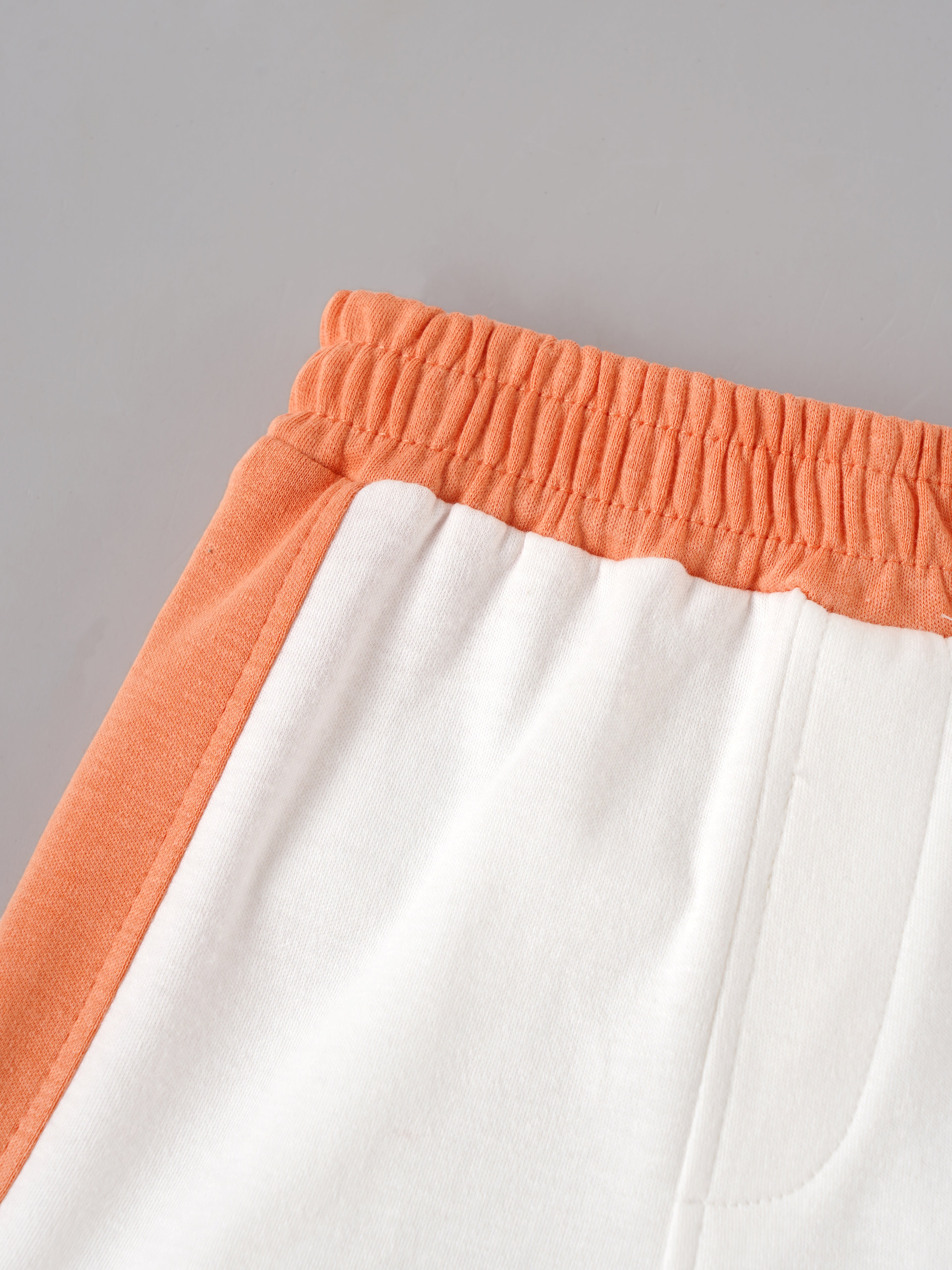 Popees Baby Boys Organic Bamboo Cotton T-Shirt & Shorts Set | Off to Explore Printed Raglan Sleeve Co-Ord Outfit | White & Orange | 0–9 Months