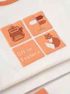 Popees Baby Boys Organic Bamboo Cotton T-Shirt & Shorts Set | Off to Explore Printed Raglan Sleeve Co-Ord Outfit | White & Orange | 0–9 Months