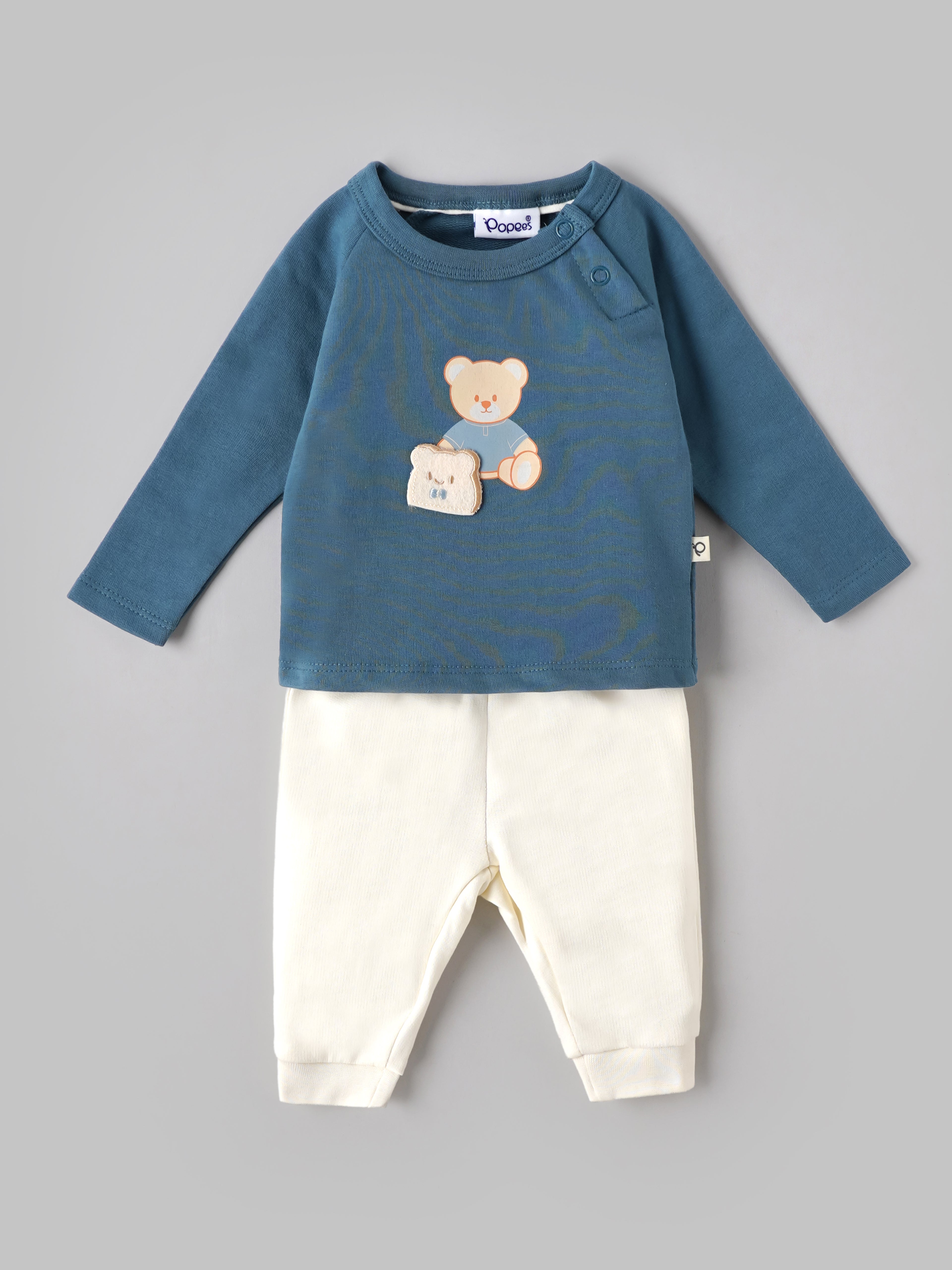 Popees Baby Boys Teddy Bear T-Shirt & Pants Set | Soft Cotton Full Sleeve Clothing Set |0–9 Months