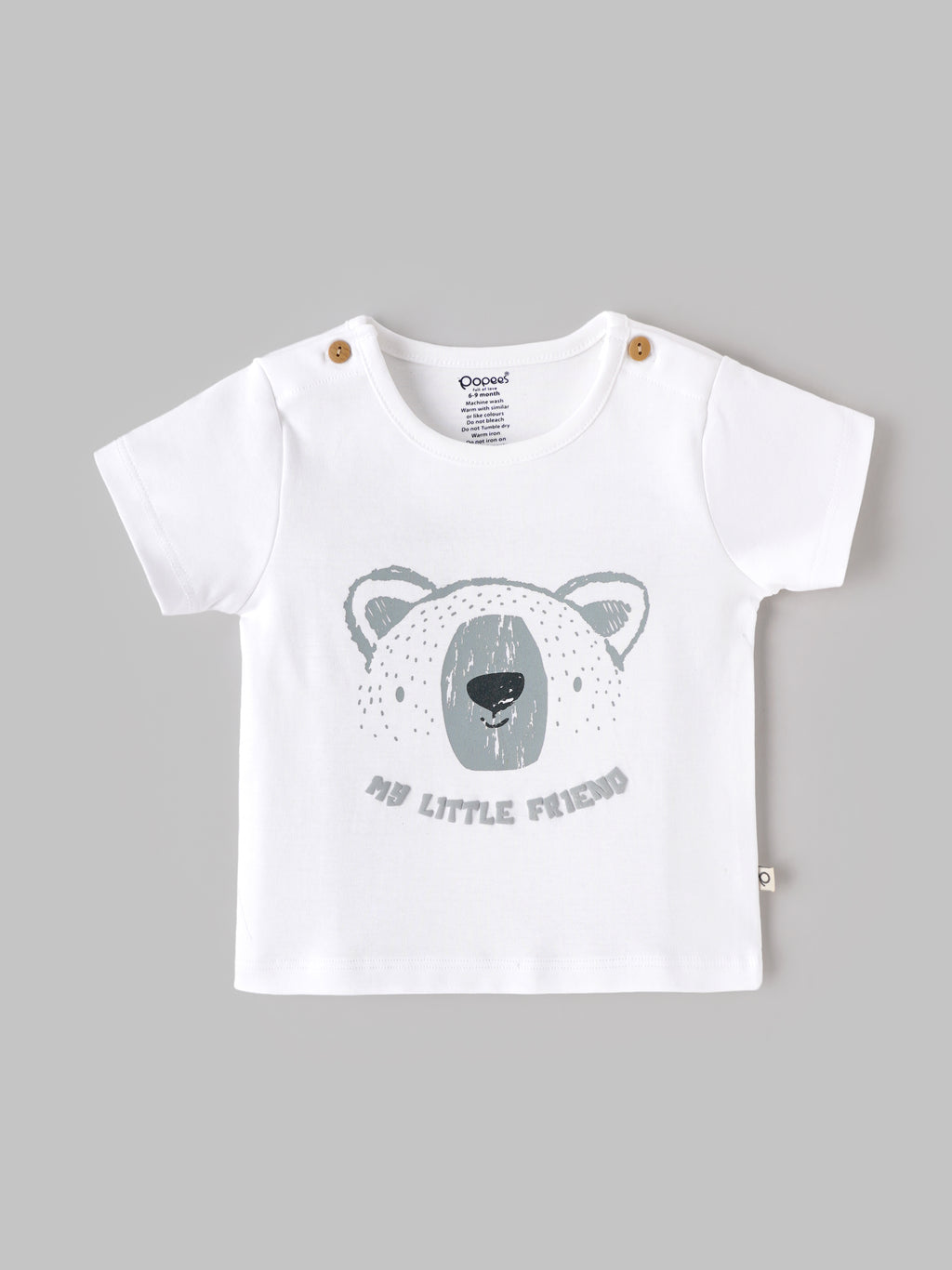 Popees Baby Boys Half Sleeve Bear Printed T-Shirt | Soft Cotton Crew Neck Tee | White | 0–6 Months