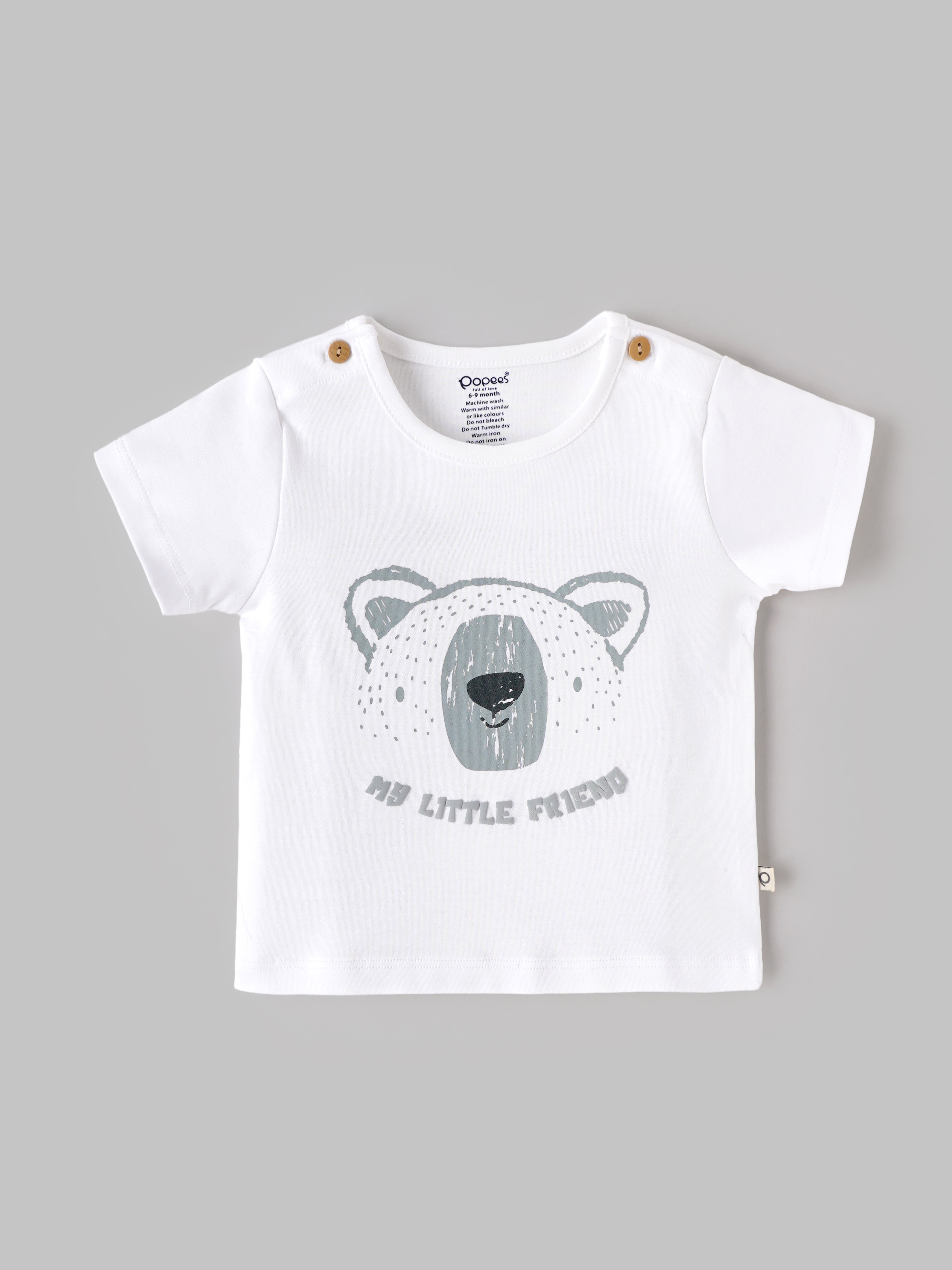 Popees Baby Boys Half Sleeve Bear Printed T-Shirt | Soft Cotton Crew Neck Tee | White | 0–6 Months