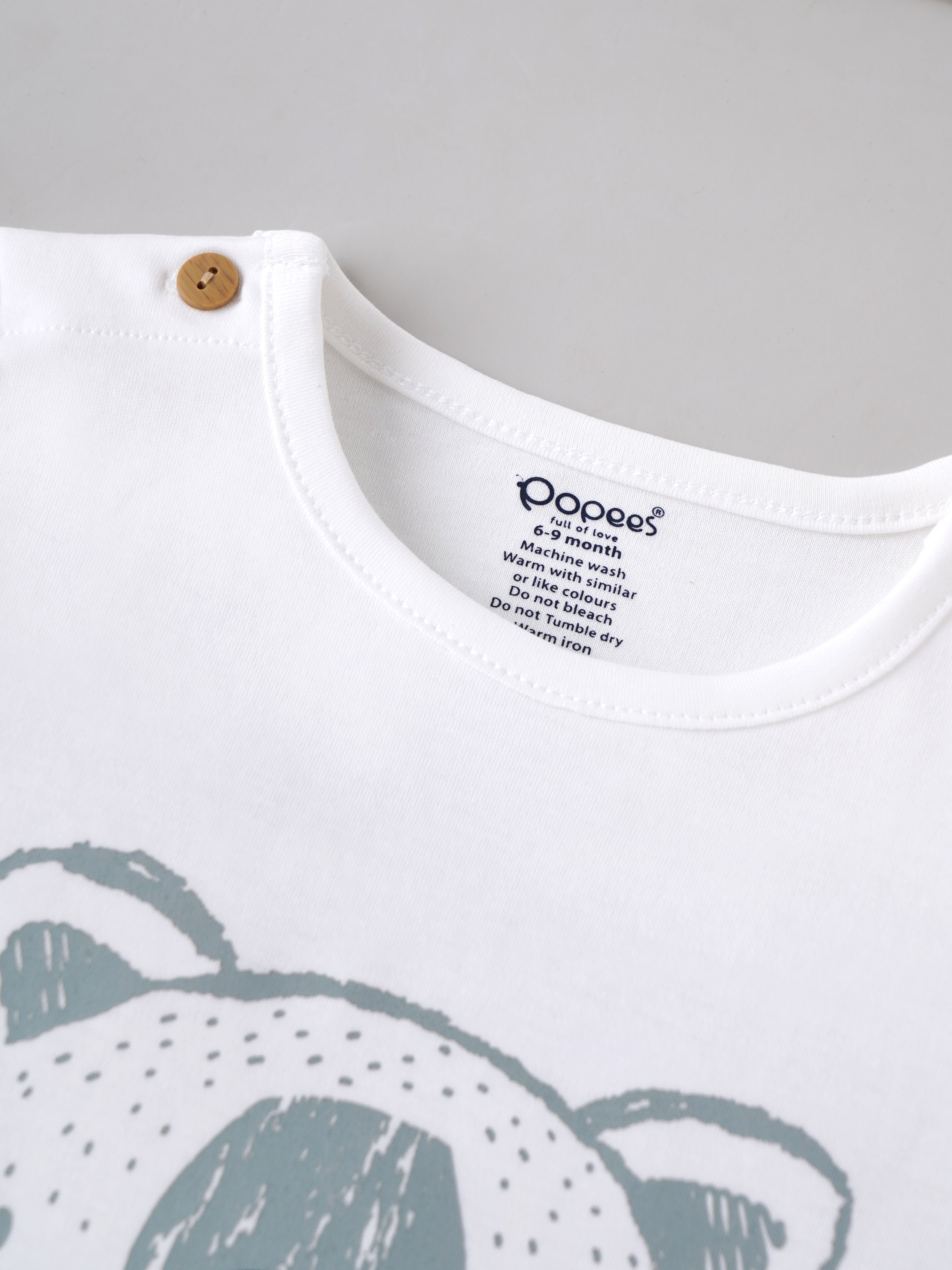 Popees Baby Boys Half Sleeve Bear Printed T-Shirt | Soft Cotton Crew Neck Tee | White | 0–6 Months