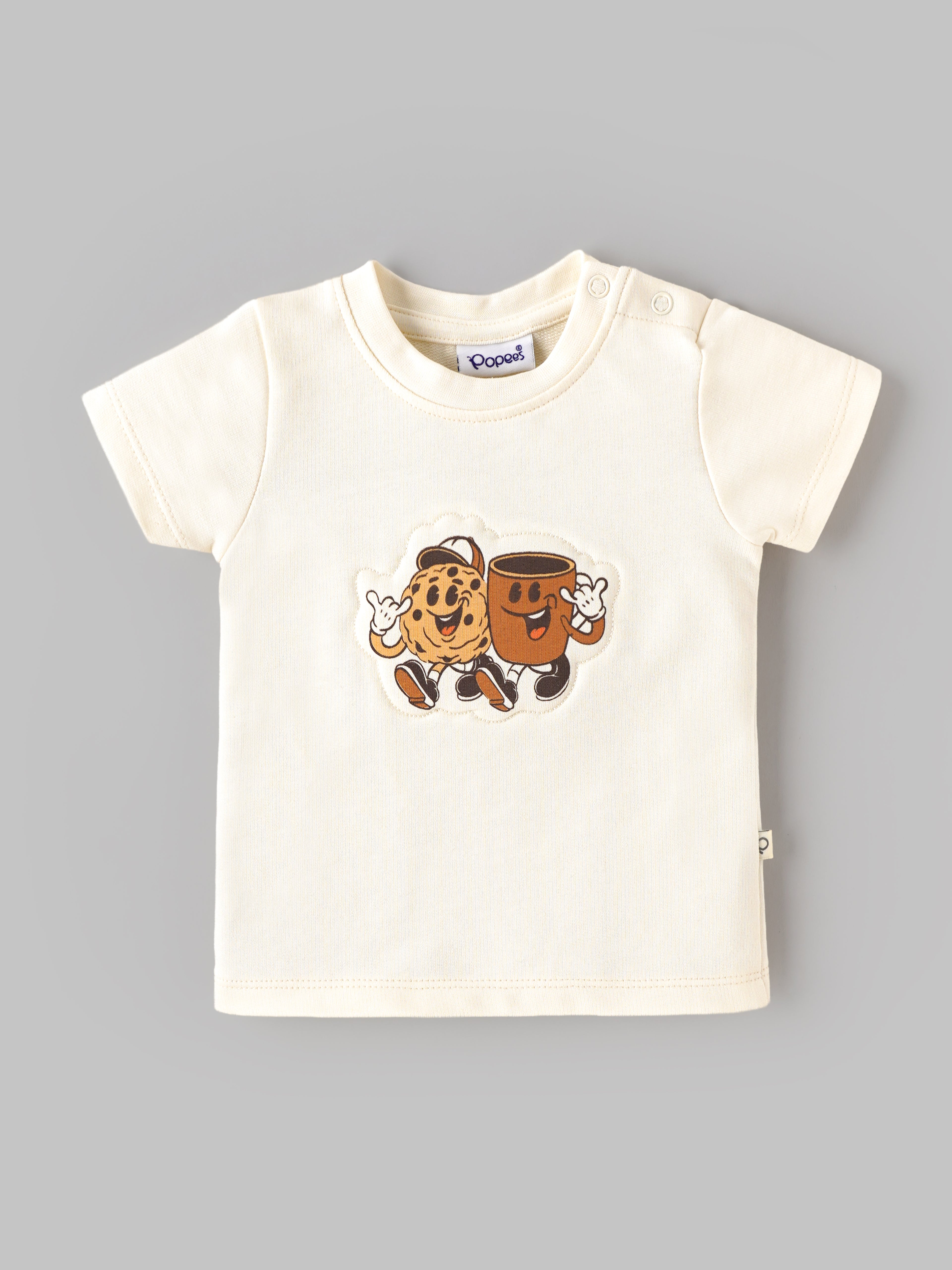 Popees Baby Boys Cookie & Coffee Graphic T-Shirt | Soft Cotton Half Sleeve Tee with Shoulder Snap Buttons | 0–9 Months