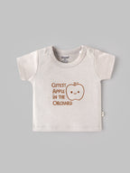 Popees Baby Boys Cream Half Sleeve T-Shirt | Cute Apple Embroidery Print Round Neck Top | 0-9 Months