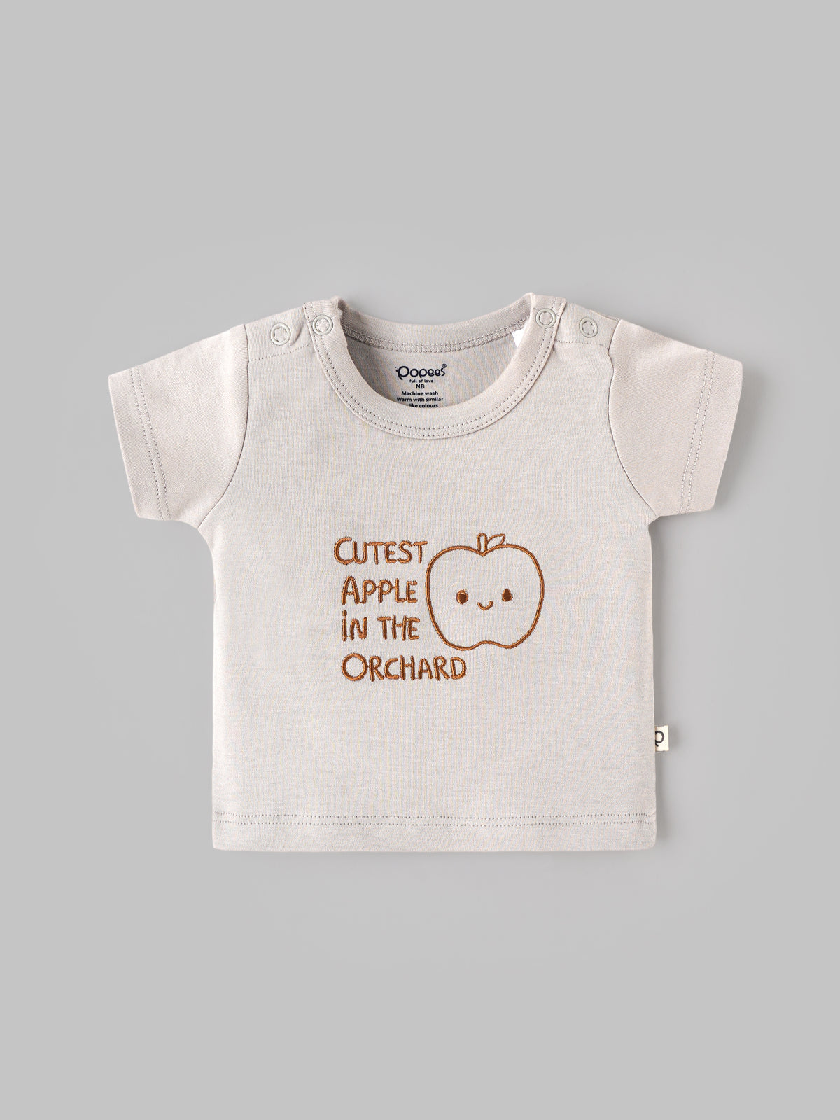 Popees Baby Boys Cream Half Sleeve T-Shirt | Cute Apple Embroidery Print Round Neck Top | 0-9 Months