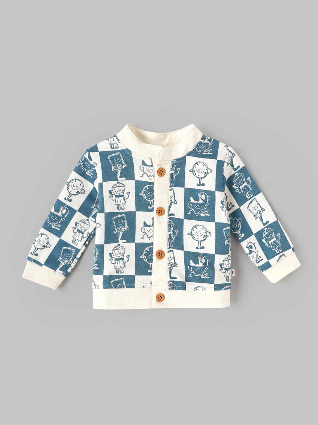 Popees Baby Boys Printed Full Sleeve Jacket | Stylish Checkered Character Print Button-Front Top with Ribbed Cuffs | Soft & Comfortable Casual Wear | Blue & White |0 to 6 Months