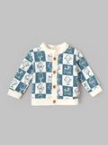 Popees Baby Boys Printed Full Sleeve Jacket | Stylish Checkered Character Print Button-Front Top with Ribbed Cuffs | Soft & Comfortable Casual Wear | Blue & White |0 to 6 Months