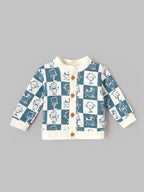 Popees Baby Boys Printed Full Sleeve Jacket | Stylish Checkered Character Print Button-Front Top with Ribbed Cuffs | Soft & Comfortable Casual Wear | Blue & White |0 to 6 Months