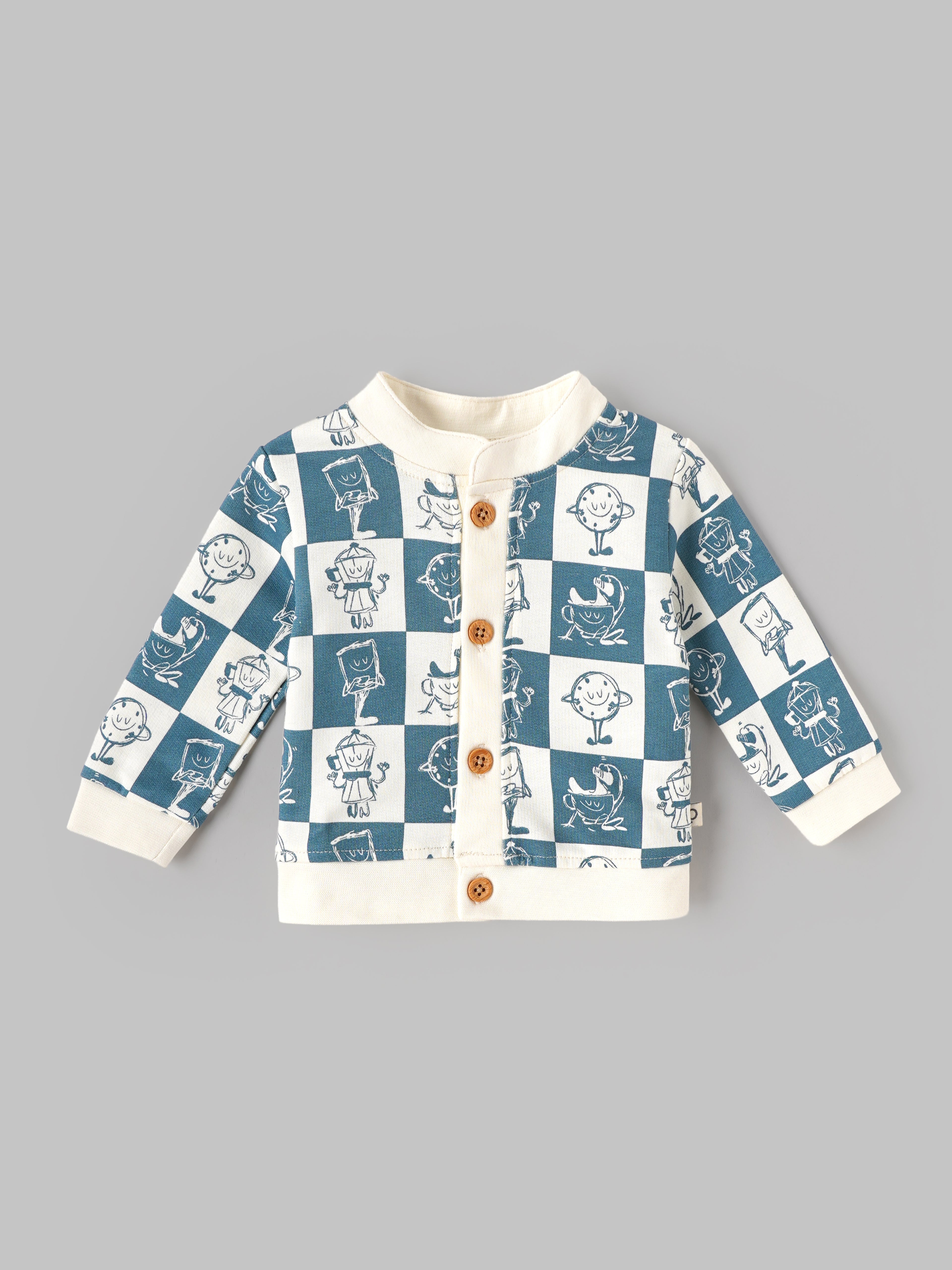 Popees Baby Boys Printed Full Sleeve Jacket | Stylish Checkered Character Print Button-Front Top with Ribbed Cuffs | Soft & Comfortable Casual Wear | Blue & White |0 to 6 Months