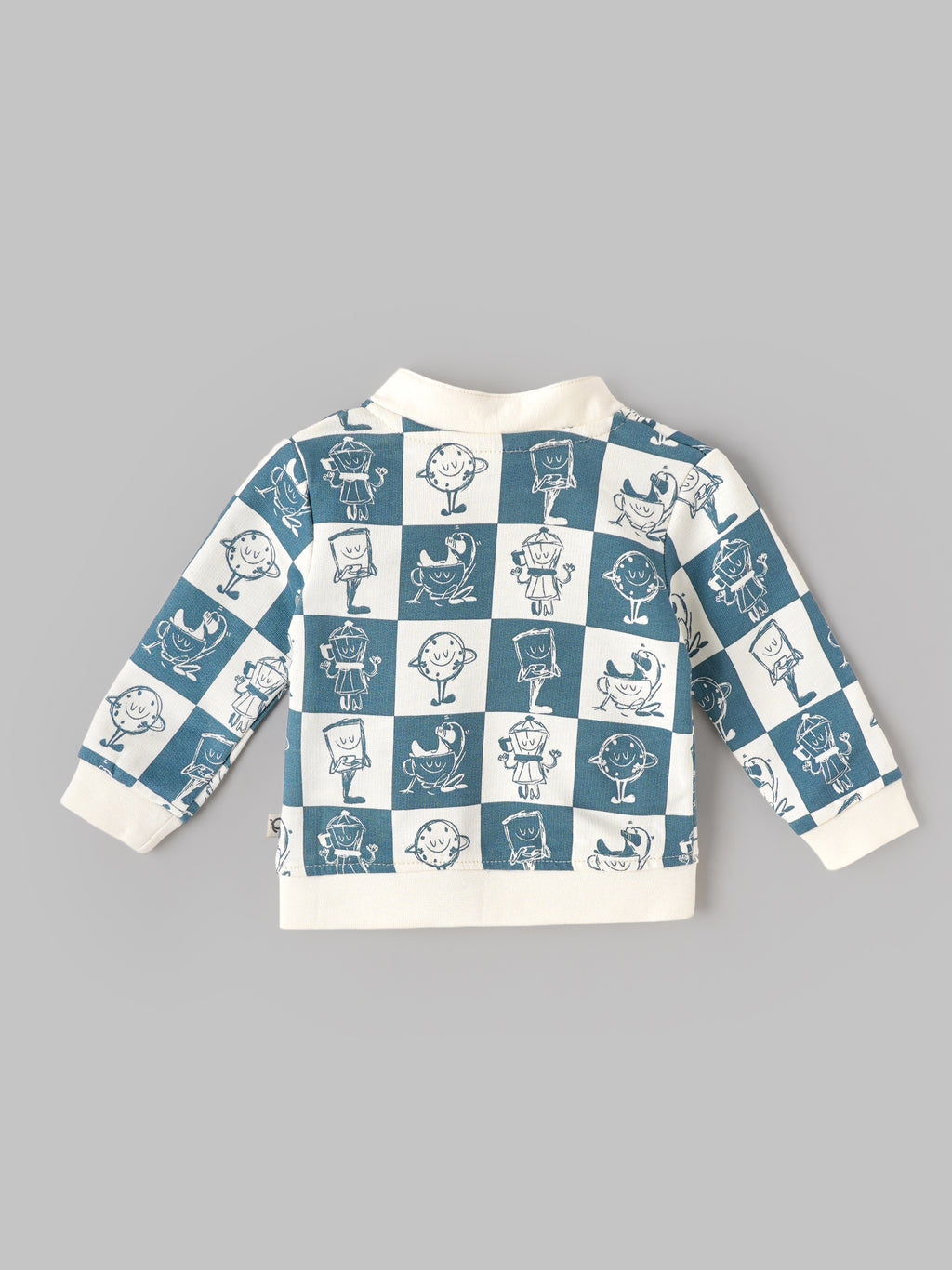 Popees Baby Boys Printed Full Sleeve Jacket | Stylish Checkered Character Print Button-Front Top with Ribbed Cuffs | Soft & Comfortable Casual Wear | Blue & White |0 to 6 Months
