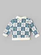 Popees Baby Boys Printed Full Sleeve Jacket | Stylish Checkered Character Print Button-Front Top with Ribbed Cuffs | Soft & Comfortable Casual Wear | Blue & White |0 to 6 Months
