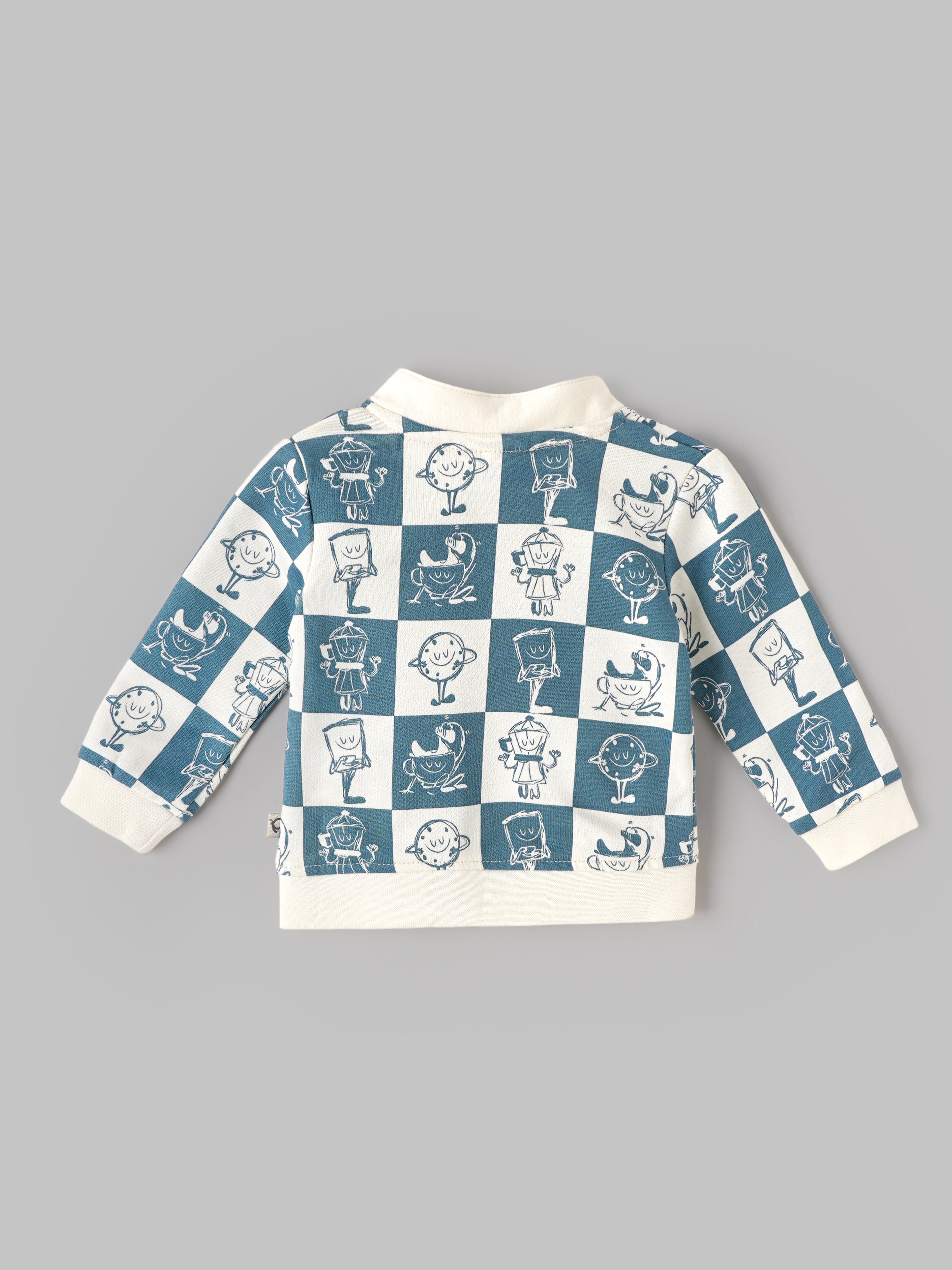 Popees Baby Boys Printed Full Sleeve Jacket | Stylish Checkered Character Print Button-Front Top with Ribbed Cuffs | Soft & Comfortable Casual Wear | Blue & White |0 to 6 Months