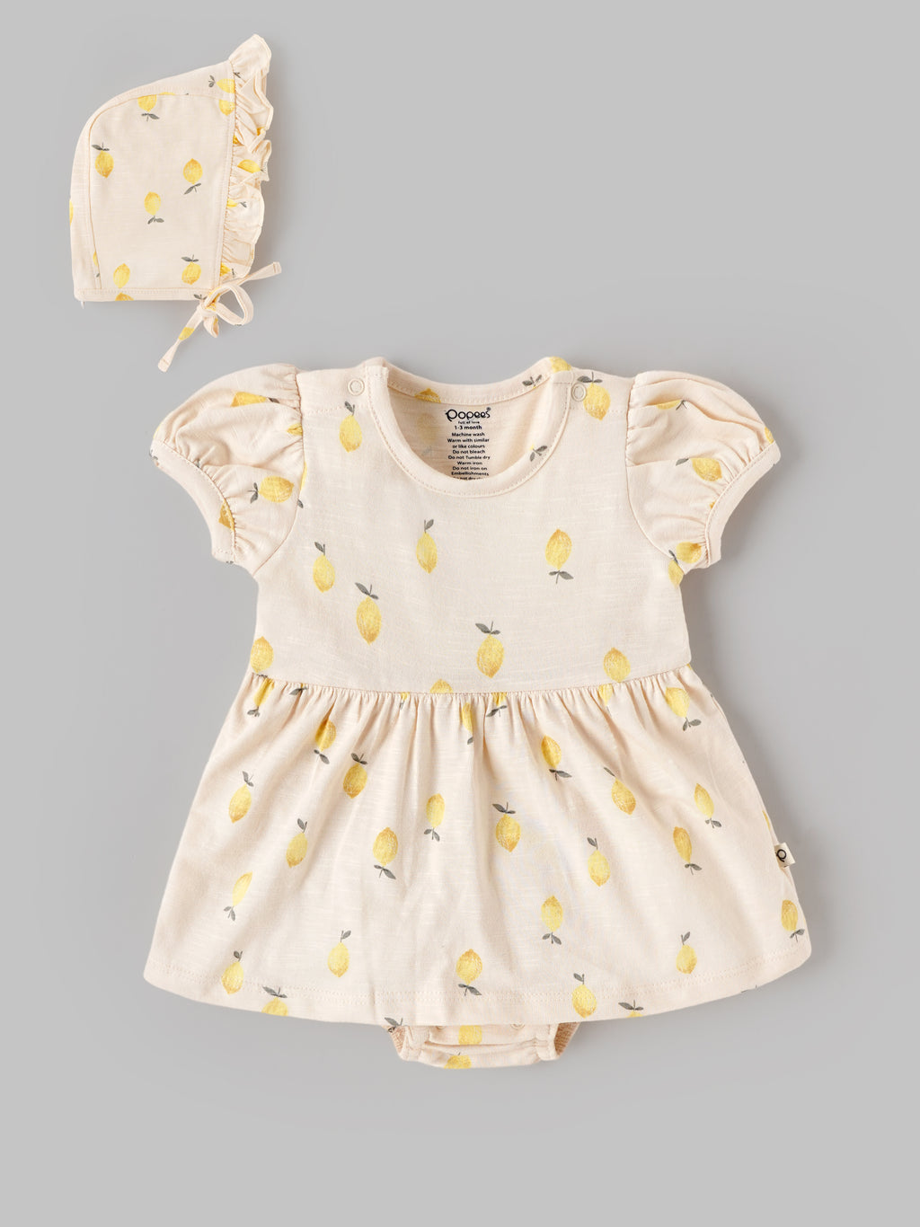 Popees Baby Girls Lemon Print Dress Romper with Bonnet | Soft Cotton Puff Sleeve Outfit 0–9 Months