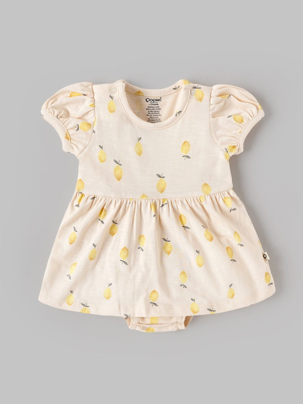 Popees Baby Girls Lemon Print Dress Romper with Bonnet | Soft Cotton Puff Sleeve Outfit 0–9 Months