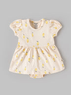 Popees Baby Girls Lemon Print Dress Romper with Bonnet | Soft Cotton Puff Sleeve Outfit 0–9 Months