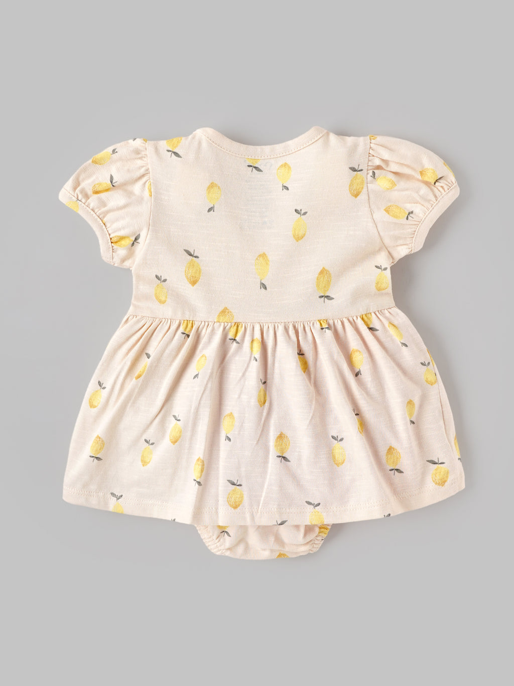 Popees Baby Girls Lemon Print Dress Romper with Bonnet | Soft Cotton Puff Sleeve Outfit 0–9 Months