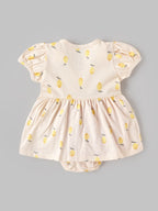 Popees Baby Girls Lemon Print Dress Romper with Bonnet | Soft Cotton Puff Sleeve Outfit 0–9 Months