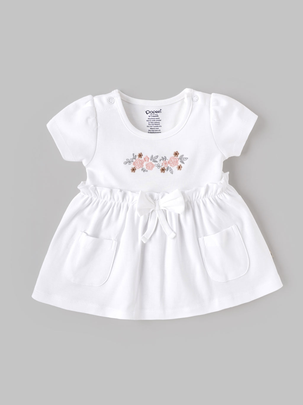 Popees Baby Girls Floral Embroidered Cotton Dress with Bow Waist Belt & Front Pockets | Soft & Stylish Short Sleeve Dress | White| 0-9 Months
