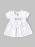 Popees Baby Girls Floral Embroidered Cotton Dress with Bow Waist Belt & Front Pockets | Soft & Stylish Short Sleeve Dress | White| 0-9 Months