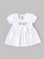 Popees Baby Girls Floral Embroidered Cotton Dress with Bow Waist Belt & Front Pockets | Soft & Stylish Short Sleeve Dress | White| 0-9 Months