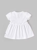 Popees Baby Girls Floral Embroidered Cotton Dress with Bow Waist Belt & Front Pockets | Soft & Stylish Short Sleeve Dress | White| 0-9 Months