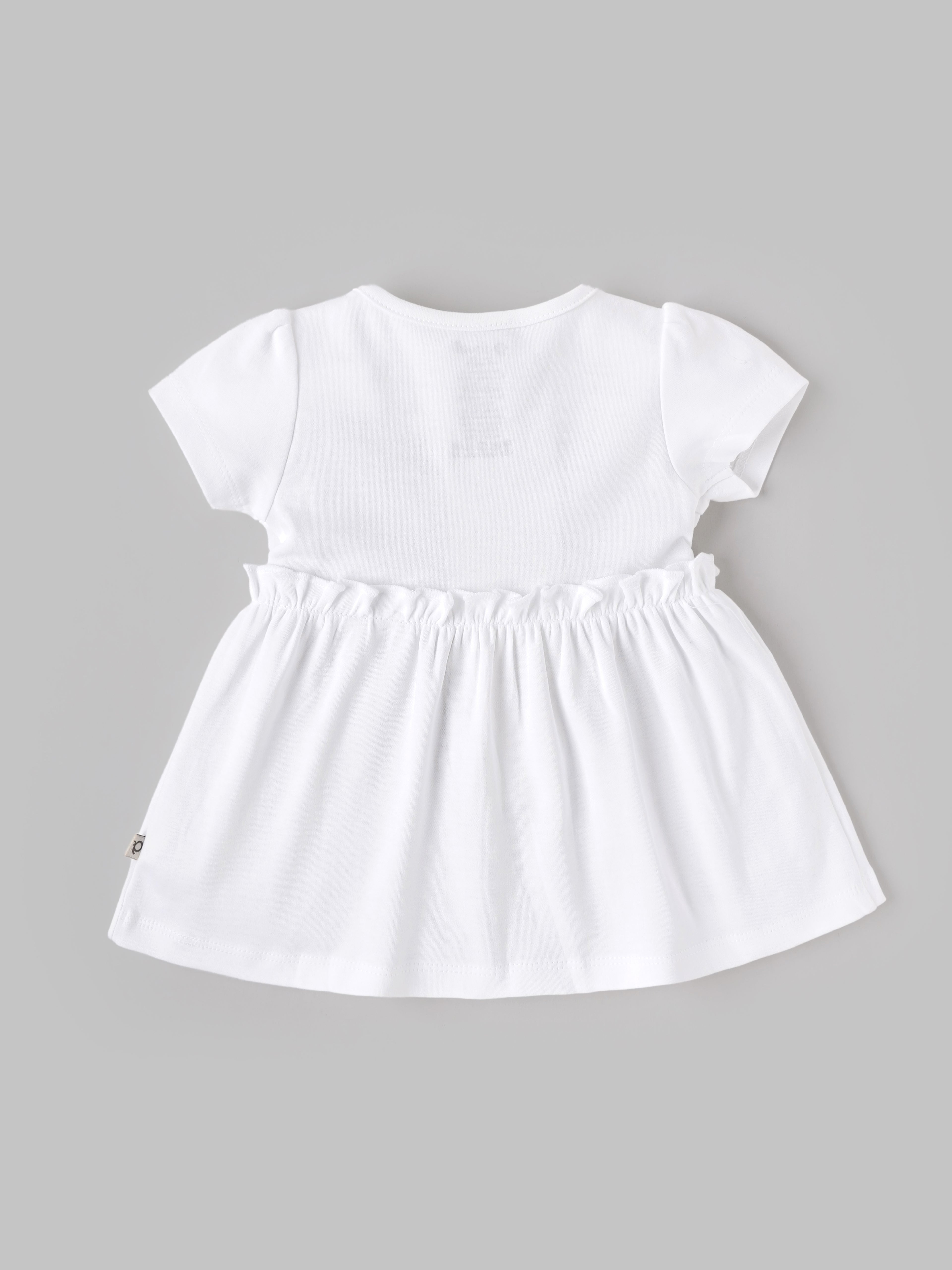 Popees Baby Girls Floral Embroidered Cotton Dress with Bow Waist Belt & Front Pockets | Soft & Stylish Short Sleeve Dress | White| 0-9 Months