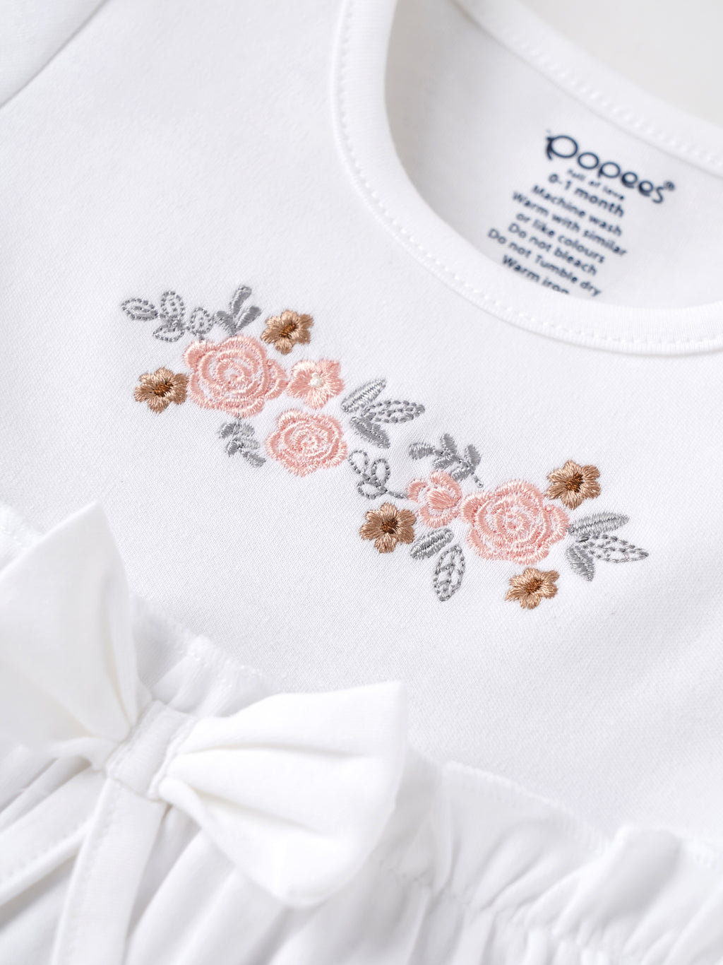 Popees Baby Girls Floral Embroidered Cotton Dress with Bow Waist Belt & Front Pockets | Soft & Stylish Short Sleeve Dress | White| 0-9 Months
