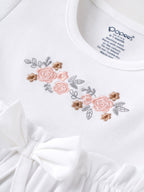 Popees Baby Girls Floral Embroidered Cotton Dress with Bow Waist Belt & Front Pockets | Soft & Stylish Short Sleeve Dress | White| 0-9 Months