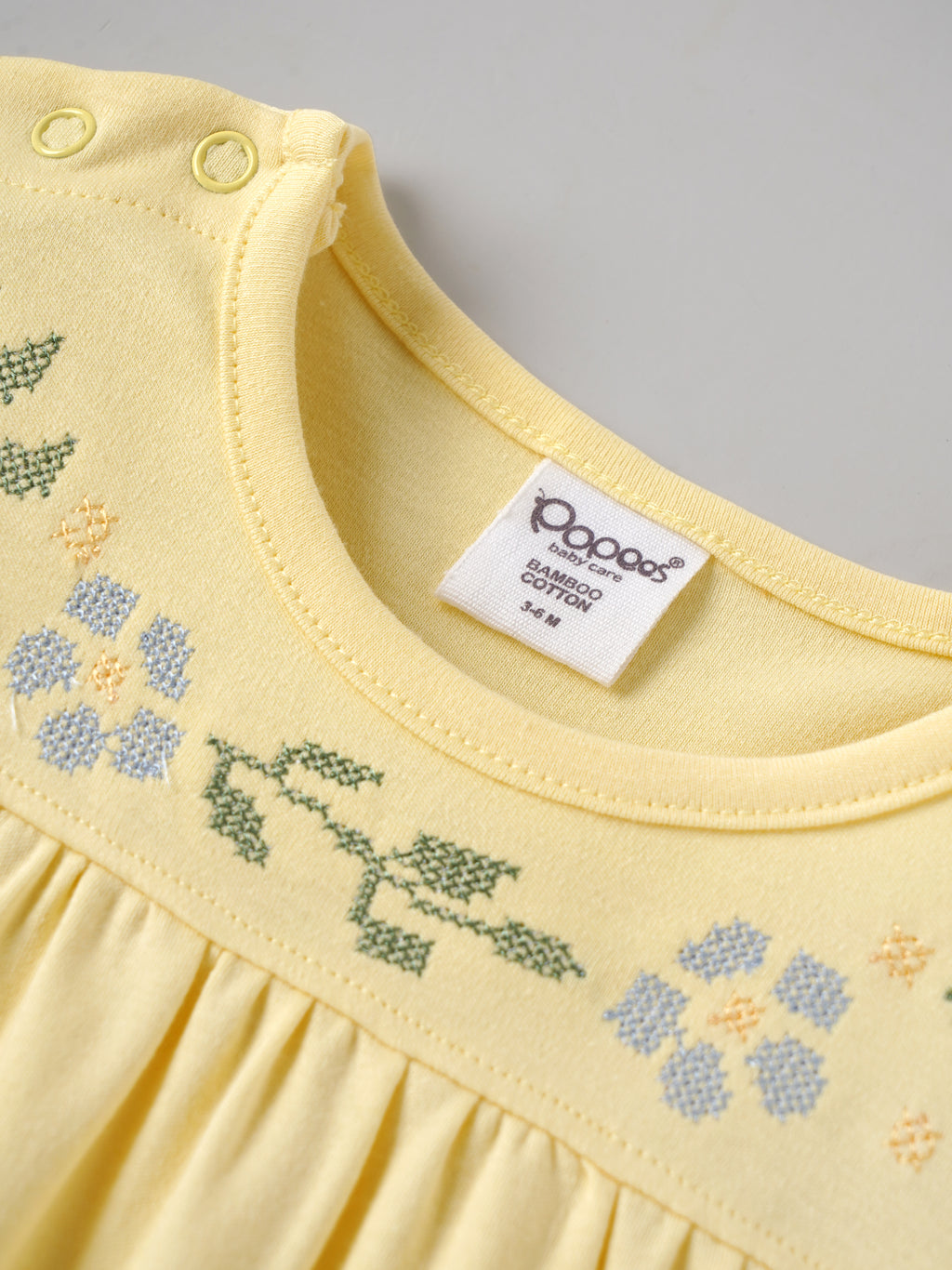 Popees Organic Bamboo Cotton Baby Girls Embroidered Puff Sleeve Dress – Soft Yellow 0-9 Months