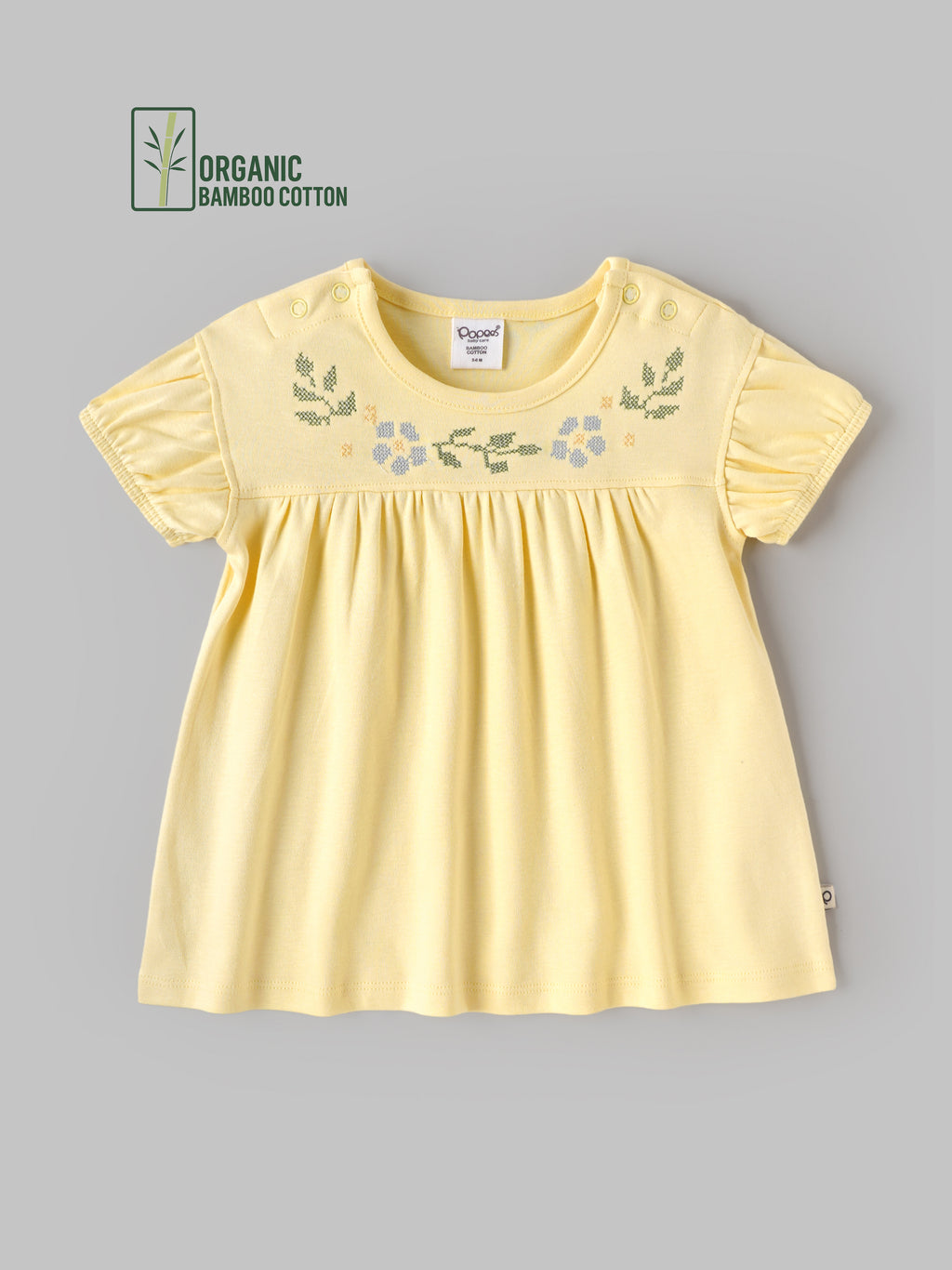 Popees Organic Bamboo Cotton Baby Girls Embroidered Puff Sleeve Dress – Soft Yellow 0-9 Months