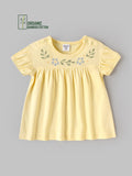Popees Organic Bamboo Cotton Baby Girls Embroidered Puff Sleeve Dress – Soft Yellow 0-9 Months