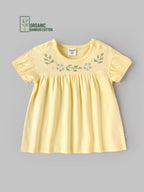 Popees Organic Bamboo Cotton Baby Girls Embroidered Puff Sleeve Dress – Soft Yellow 0-9 Months