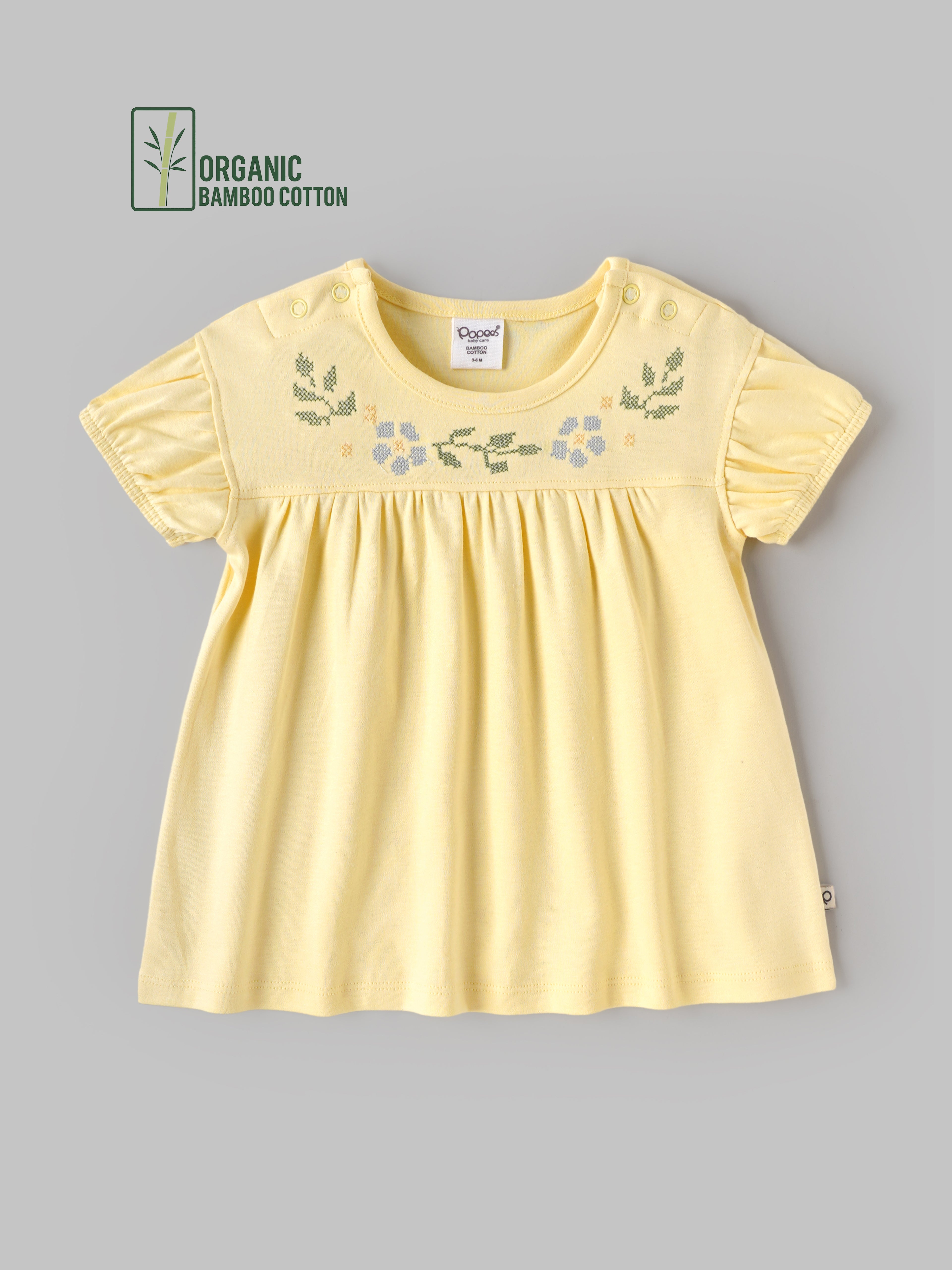 Popees Organic Bamboo Cotton Baby Girls Embroidered Puff Sleeve Dress – Soft Yellow 0-9 Months