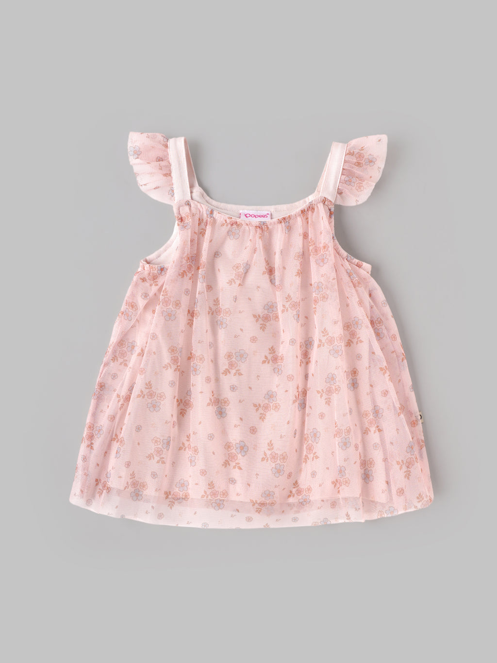 Popees Baby Girls Pink Floral Printed Dress | Sleeveless Flared Dress with Ruffle Shoulder Straps | 0-9 Months