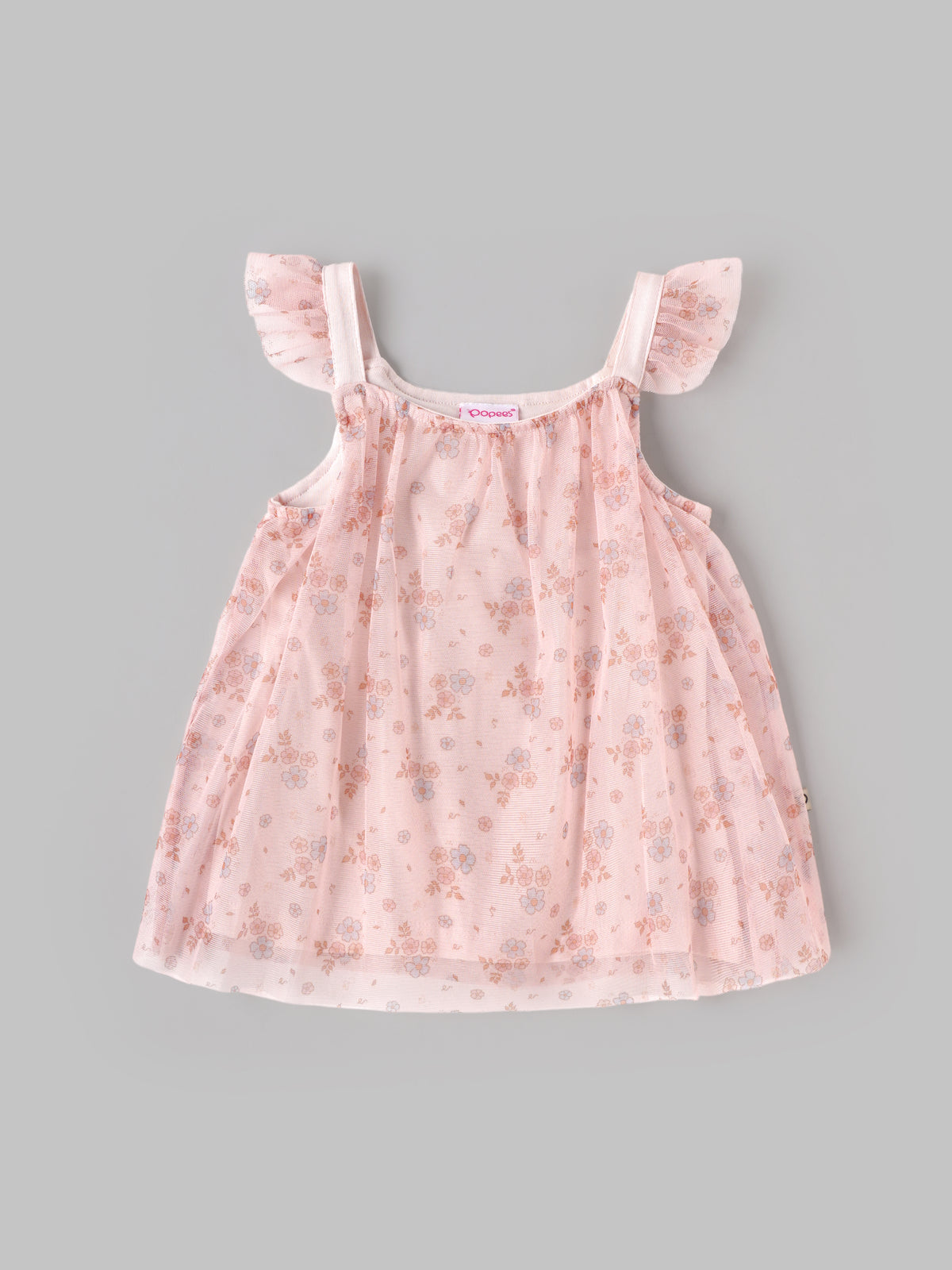 Popees Baby Girls Pink Floral Printed Dress | Sleeveless Flared Dress with Ruffle Shoulder Straps | 0-9 Months