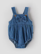 Popees Baby Girls Denim Bow Romper with Full Sleeve Inner Top | Soft Cotton 2-Piece Outfit Set | Comfortable Snap-Button Dungaree Romper | 0–9 Months