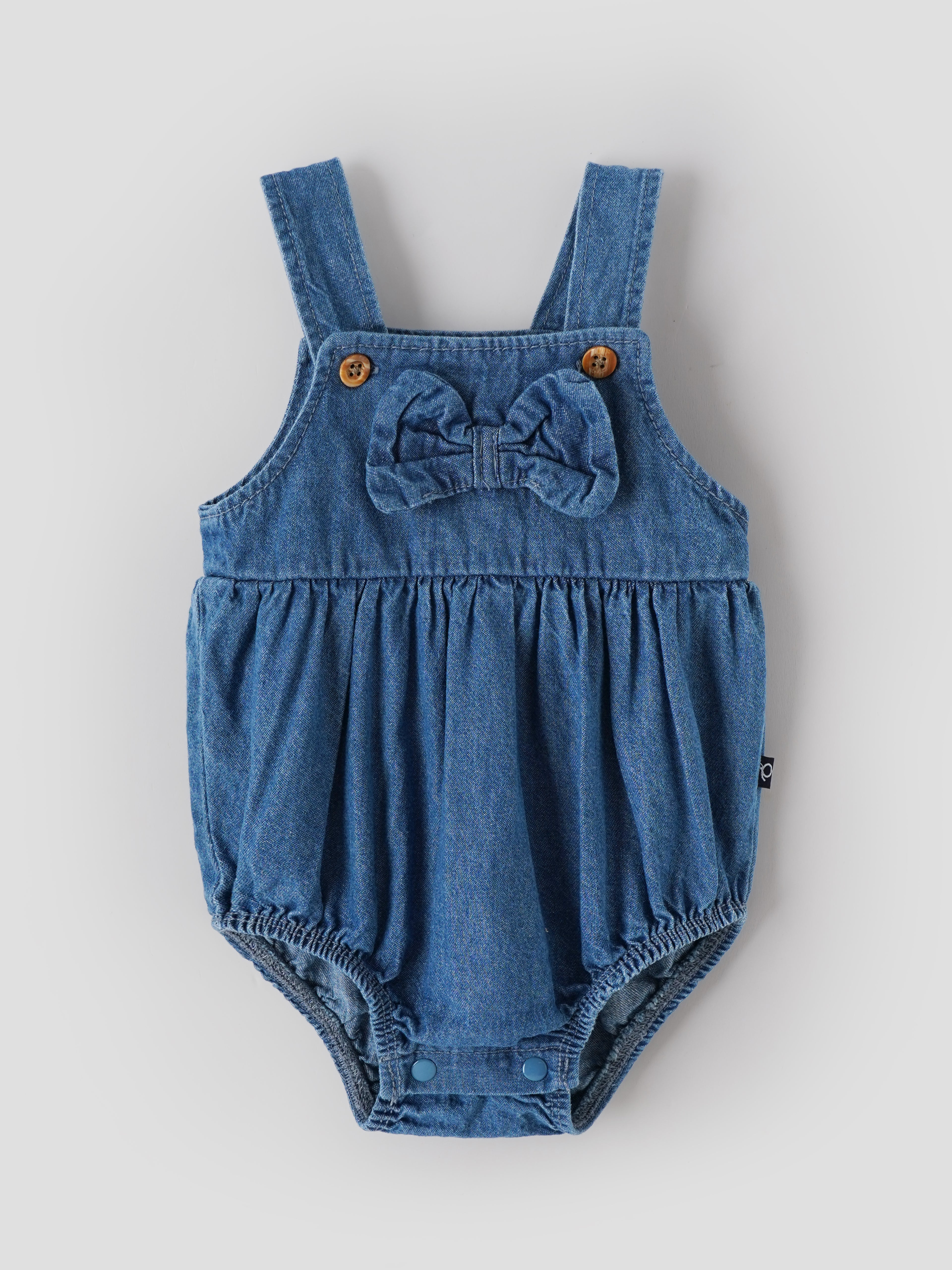 Popees Baby Girls Denim Bow Romper with Full Sleeve Inner Top | Soft Cotton 2-Piece Outfit Set | Comfortable Snap-Button Dungaree Romper | 0–9 Months