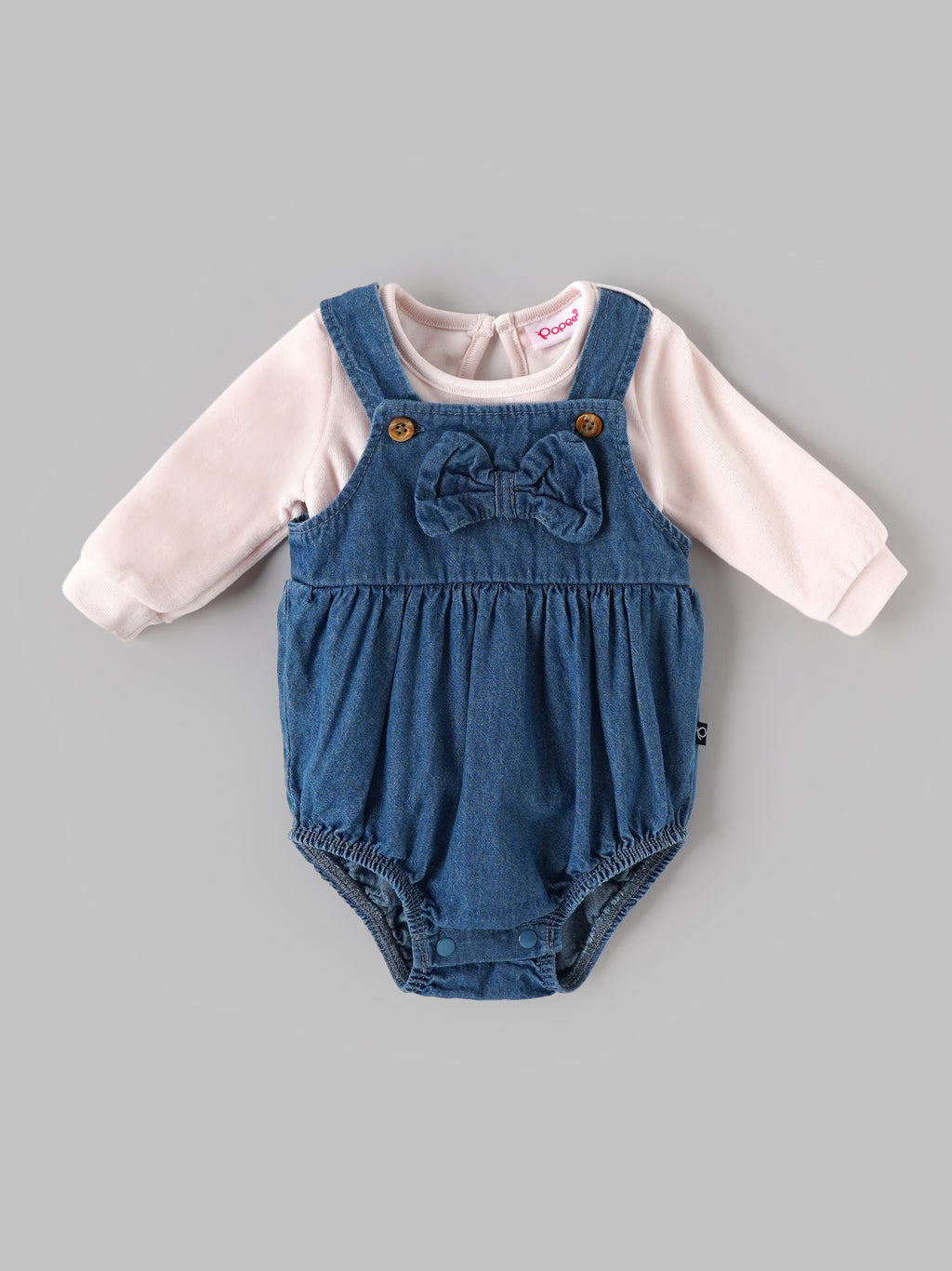 Popees Baby Girls Denim Bow Romper with Full Sleeve Inner Top | Soft Cotton 2-Piece Outfit Set | Comfortable Snap-Button Dungaree Romper | 0–9 Months
