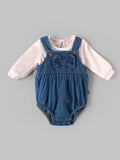 Popees Baby Girls Denim Bow Romper with Full Sleeve Inner Top | Soft Cotton 2-Piece Outfit Set | Comfortable Snap-Button Dungaree Romper | 0–9 Months
