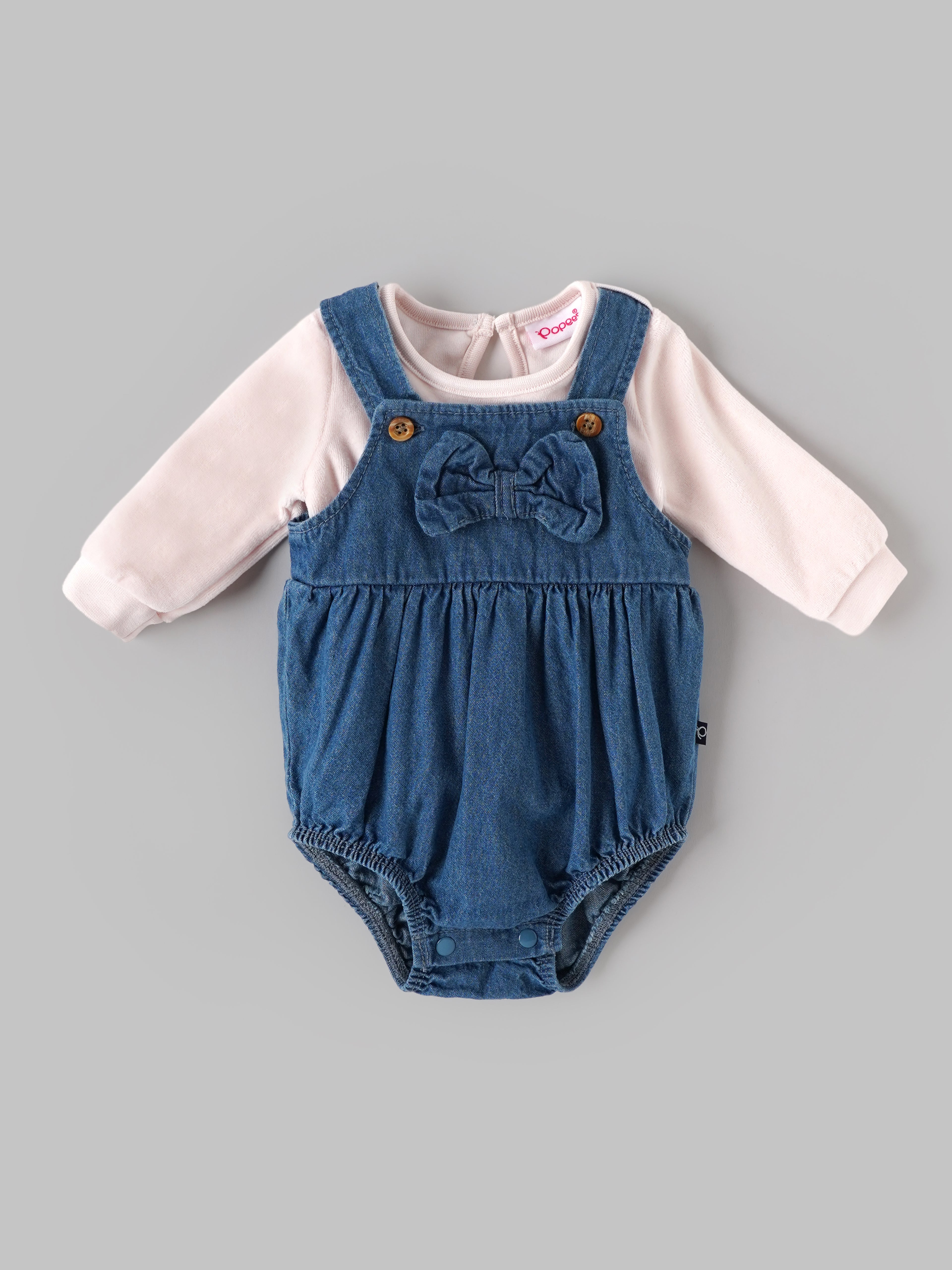 Popees Baby Girls Denim Bow Romper with Full Sleeve Inner Top | Soft Cotton 2-Piece Outfit Set | Comfortable Snap-Button Dungaree Romper | 0–9 Months