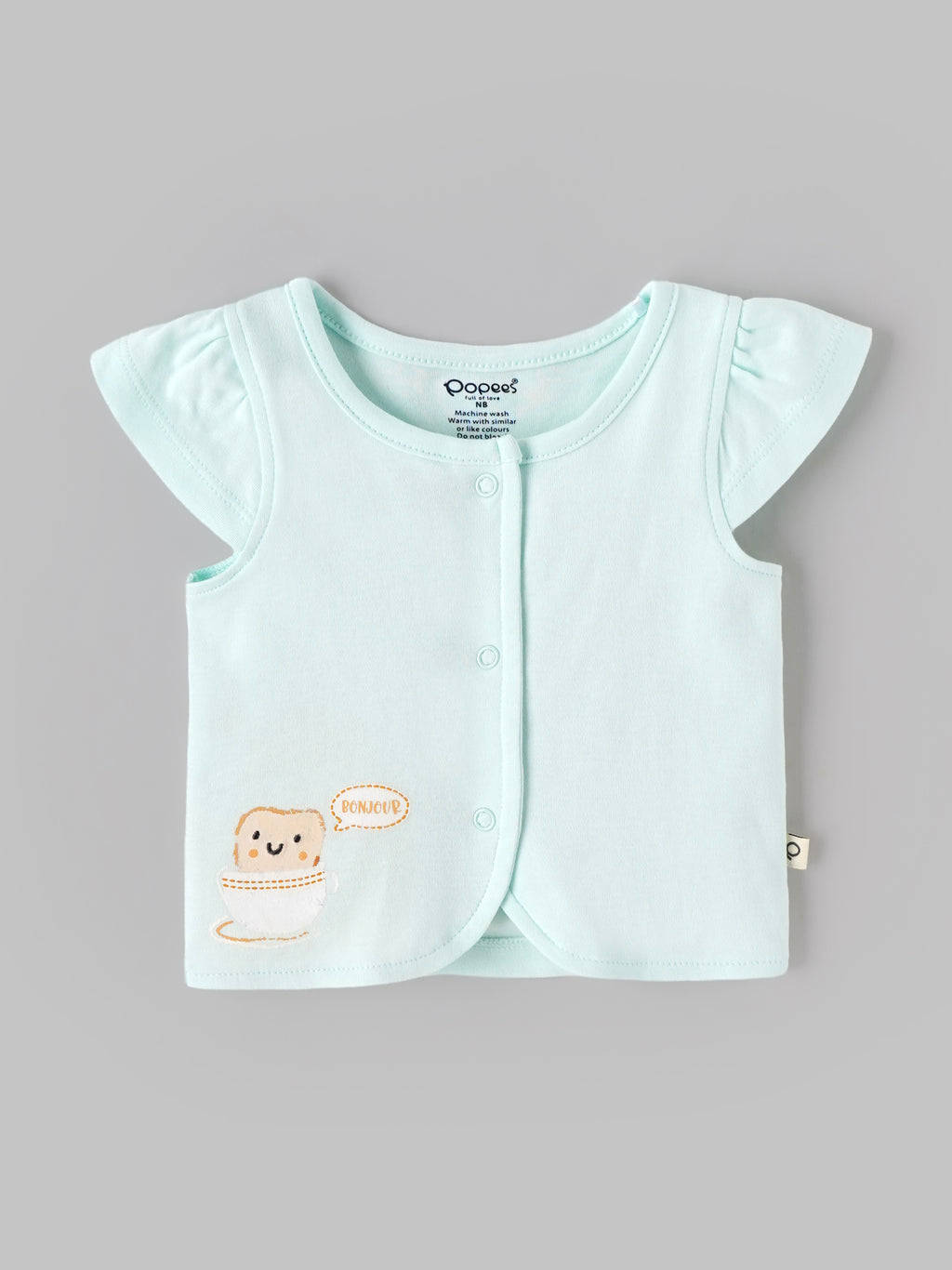 Popees Baby Girls Bonjour Embroidered Flutter Sleeve Vest | Soft Cotton Front-Open Top |0-6 Months