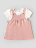 Popees Baby Girls Textured Pinafore Dress Set with Short Sleeve Top | Soft Cotton Blend 2-Piece Outfit | NB-9 Months