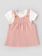 Popees Baby Girls Textured Pinafore Dress Set with Short Sleeve Top | Soft Cotton Blend 2-Piece Outfit | NB-9 Months