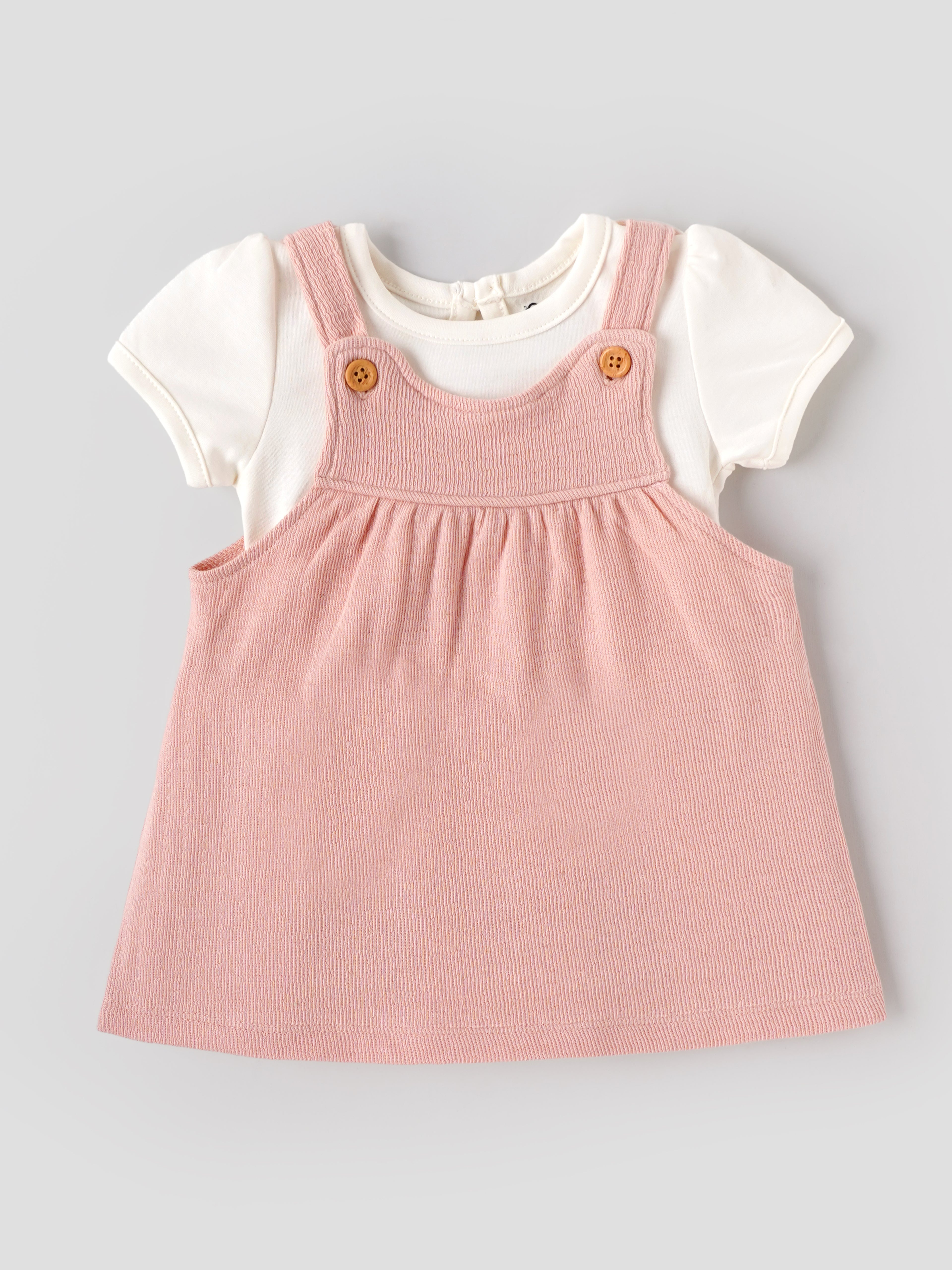 Popees Baby Girls Textured Pinafore Dress Set with Short Sleeve Top | Soft Cotton Blend 2-Piece Outfit | NB-9 Months