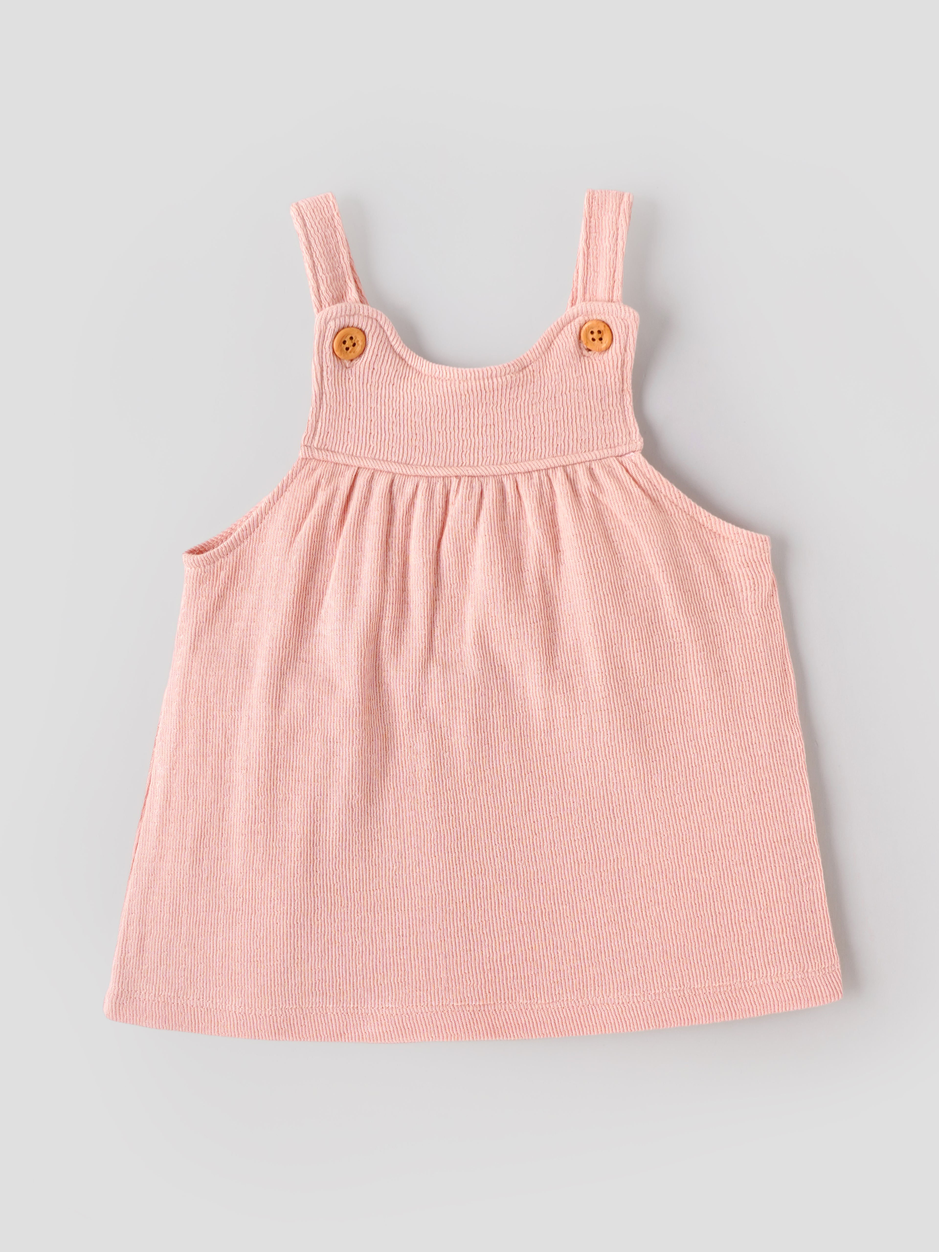 Popees Baby Girls Textured Pinafore Dress Set with Short Sleeve Top | Soft Cotton Blend 2-Piece Outfit | NB-9 Months